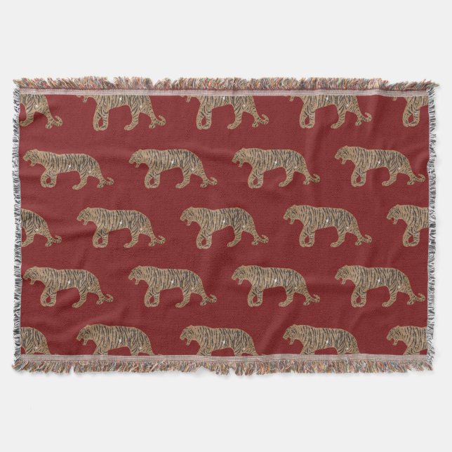 Fashionista Gold Black Red Glitter Tiger Pattern Throw Blanket (Front)