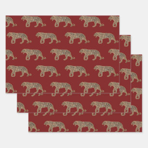 Fashionista Gold Black Red Glitter Tiger Pattern Wrapping Paper Sheet