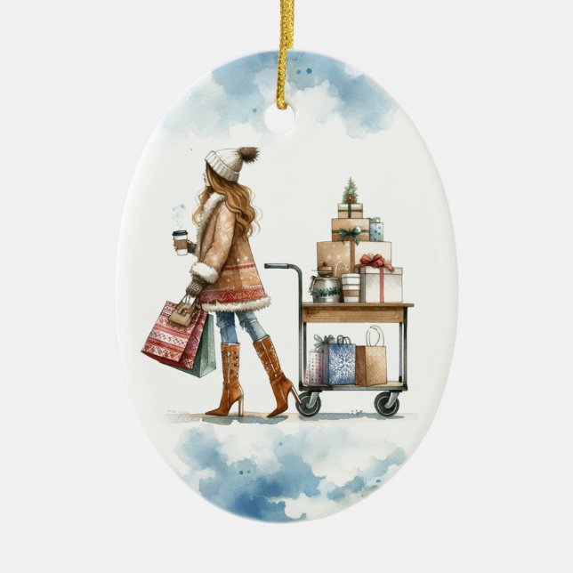 Fashionista Holiday Shop Coffee Cart Personalised Ceramic Ornament (Front)