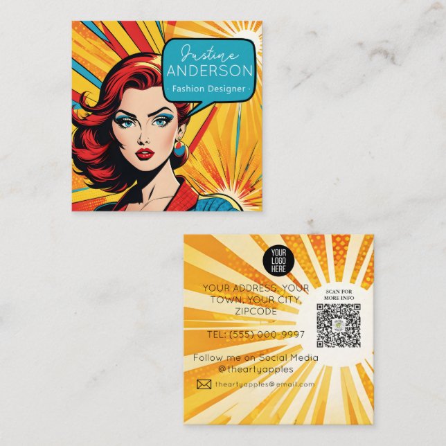 fashionista Retro Pop Art Lady woman Wow Square Business Card (Front/Back)