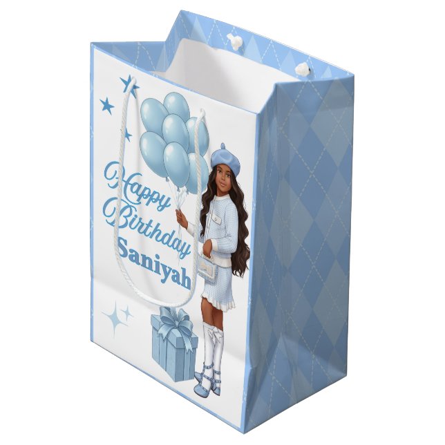 Fashionista Teen Girl Blue Stylish Birthday Wishes Medium Gift Bag (Front Angled)