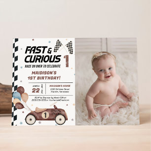 Fast And Curious 1st Brown Race Car Birthday Party Invitation