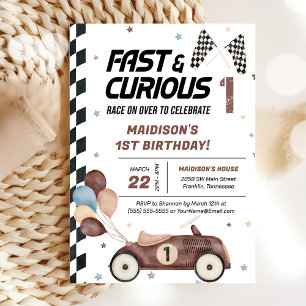 Fast And Curious 1st Brown Race Car Birthday Party Invitation