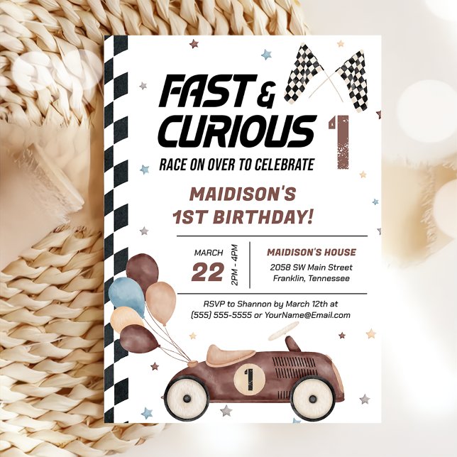 Fast And Curious 1st Brown Race Car Birthday Party Invitation (Creator Uploaded)