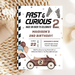 Fast And Curious 2nd Brown Race Car Birthday Party Invitation