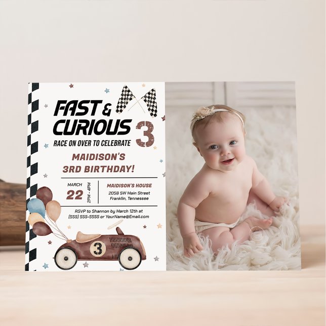 Fast And Curious Brown Race Car 3rd Birthday Photo Invitation (Creator Uploaded)