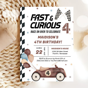 Fast And Curious Brown Race Car 4th Birthday Party Invitation
