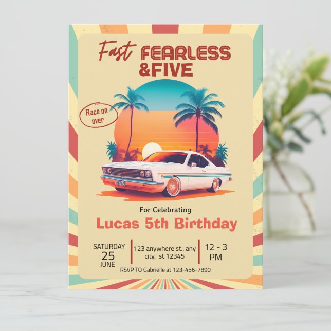 Fast Fearless & FIVE  Retro Racing Car  Invitation (Standing Front)