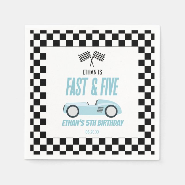 Fast & Five Blue Race Car 5th Birthday Party Napkin (Front)