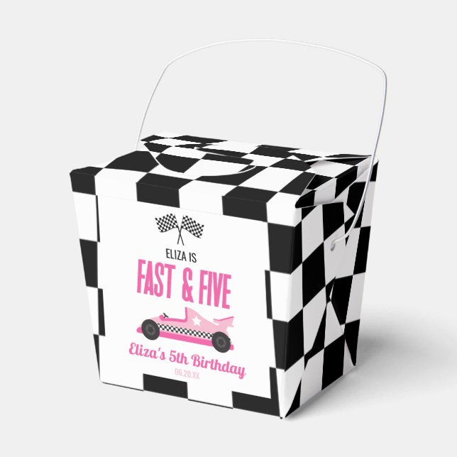 Fast & Five Pink Race Car 5th Birthday Party Favour Box (Front Side)