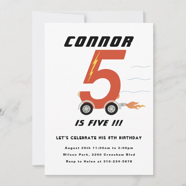Fast Five Race Car Fifth Birthday Party Invitation (Front)