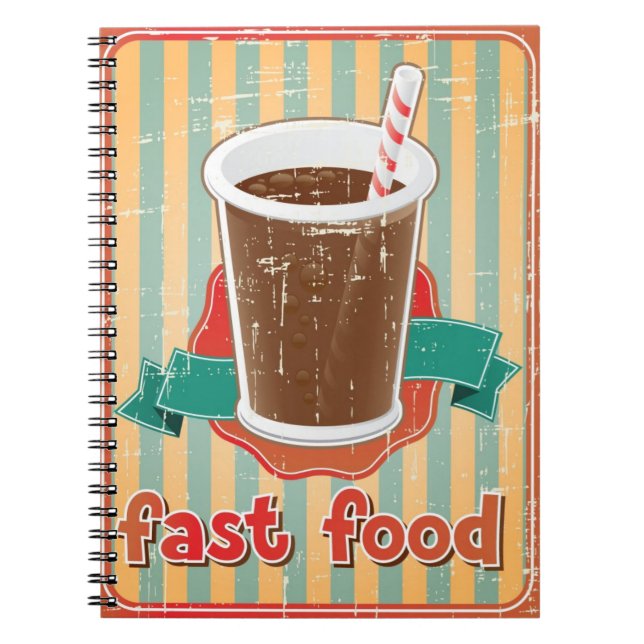 Fast food background with drink in retro style notebook (Front)
