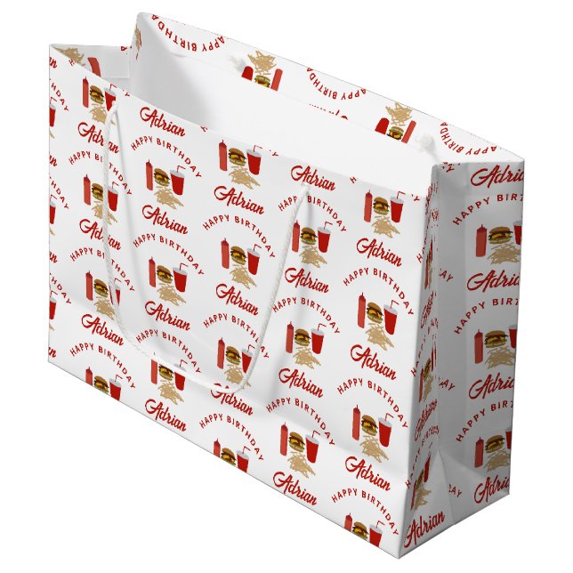 Fast Food Burger Fries Pattern Birthday Name Large Gift Bag (Front Angled)
