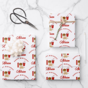 Fast Food Burger Fries Pattern Birthday Name Wrapping Paper Sheet