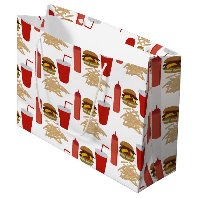 Fast Food Burger Fries Pattern Large Gift Bag (Front Angled)