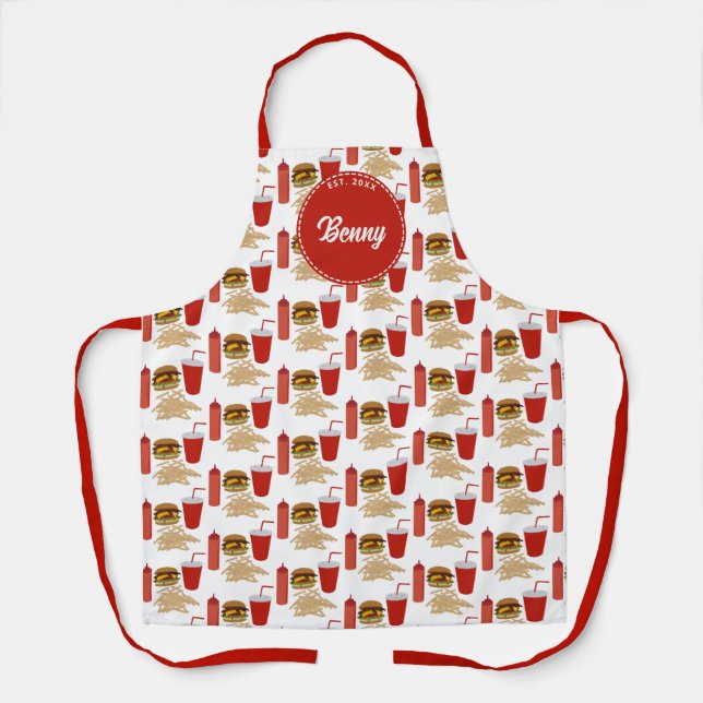 Fast Food Burger Fries Pattern Monogram BBQ Apron (Front)