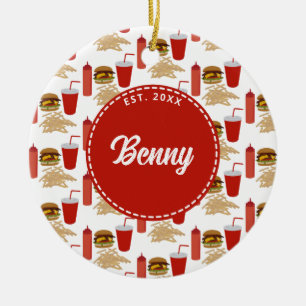 Fast Food Burger Fries Pattern Monogram Ceramic Ornament