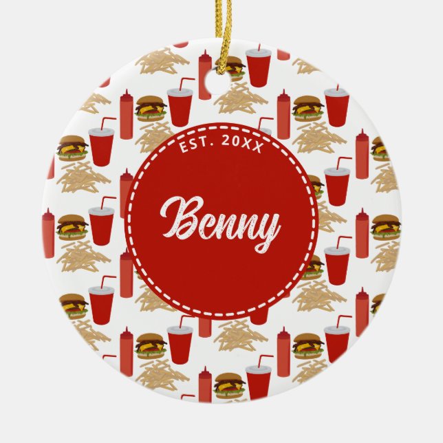 Fast Food Burger Fries Pattern Monogram Ceramic Ornament (Front)