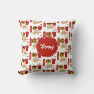 Fast Food Burger Fries Pattern Monogram Cushion