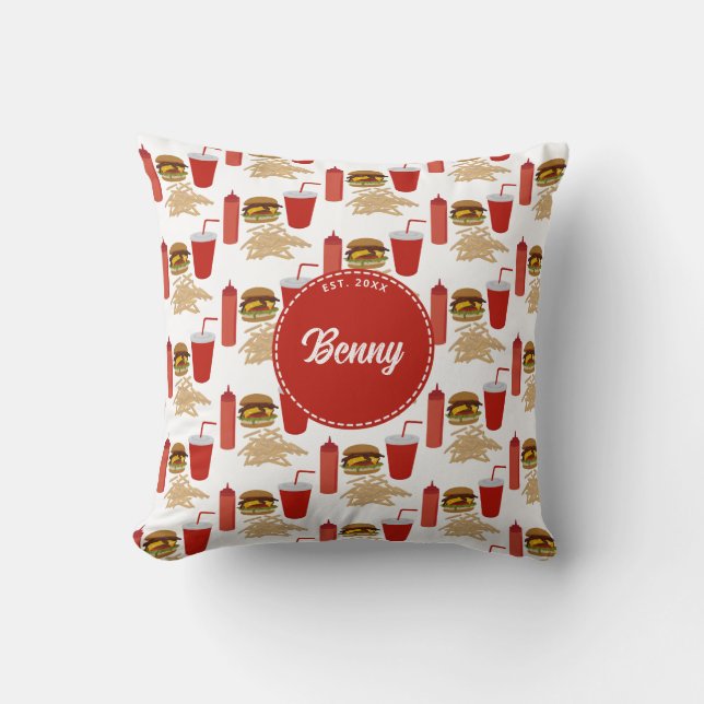 Fast Food Burger Fries Pattern Monogram Cushion (Front)
