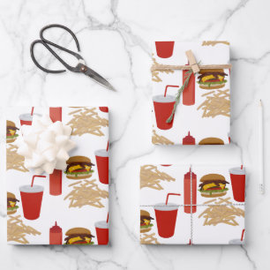 Fast Food Burger Fries Pattern Wrapping Paper Sheet