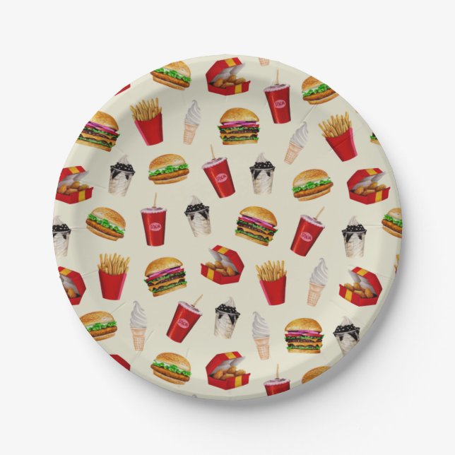 Fast Food Burgers, Fries, Sundaes Paper Plate (Front)