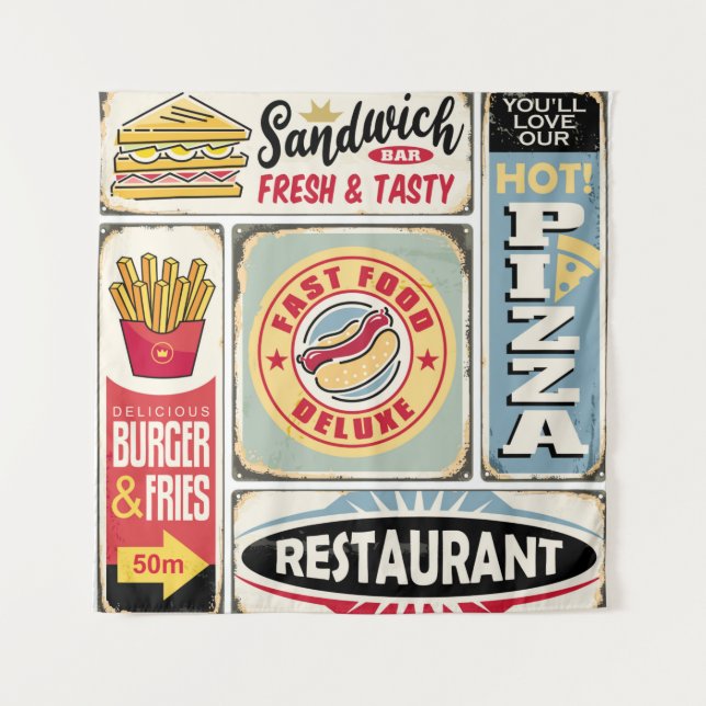 Fast food restaurants and diners retro signs colle tapestry (Front)