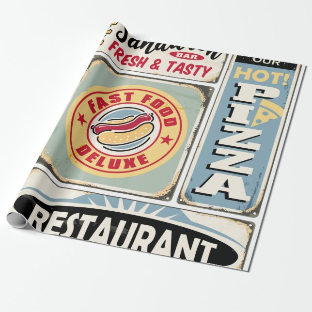 Fast food restaurants and diners retro signs colle wrapping paper (Unrolled)