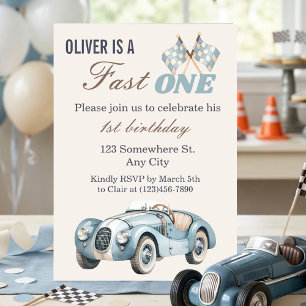 Fast One 1st Birthday Blue Race Car Boy Invitation