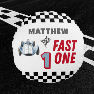 Fast One 1st birthday Boy Racing Car  Round Cushion