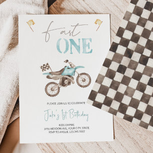 Fast ONE Baby Blue Dirt Bike Birthday Invitation 