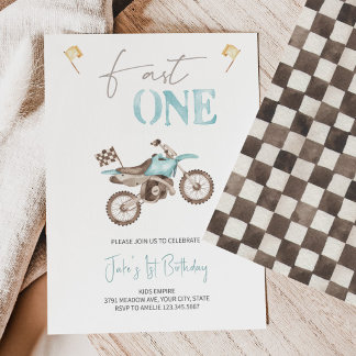 Fast ONE Baby Blue Dirt Bike Birthday Invitation 