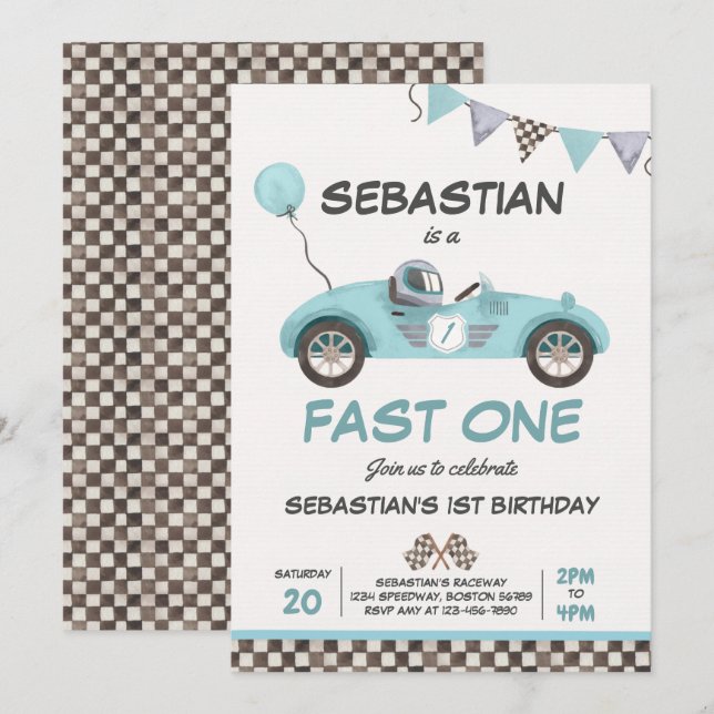 Fast One Birthday Party Blue Race Car 1st Birthday Invitation (Front/Back)