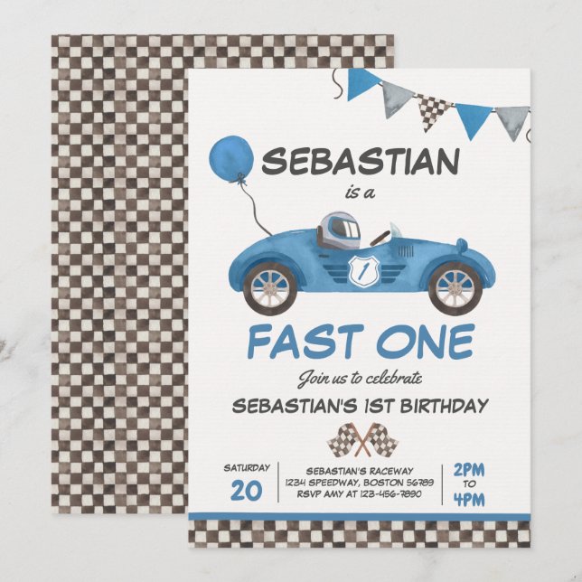 Fast One Birthday Party Blue Race Car 1st Birthday Invitation (Front/Back)