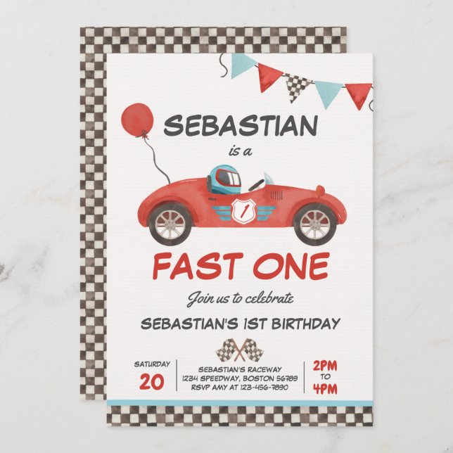 Fast One Birthday Party Red Race Car 1st Birthday Invitation (Front/Back)