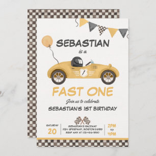 Fast One Birthday Party Yellow Race Car Birthday Invitation