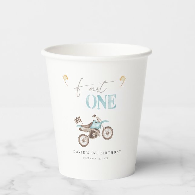 Fast ONE Blue Dirt Bike Birthday Paper Cups (Front)