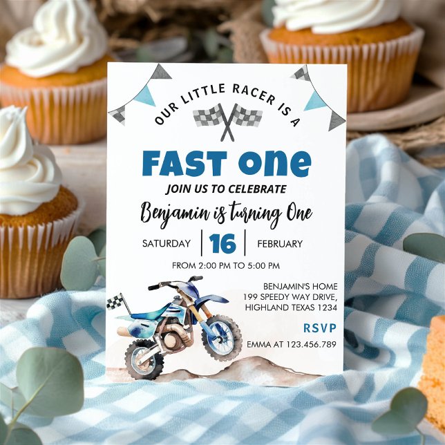 Fast One Blue Dirt Bike Birthday Party Invitation (Creator Uploaded)