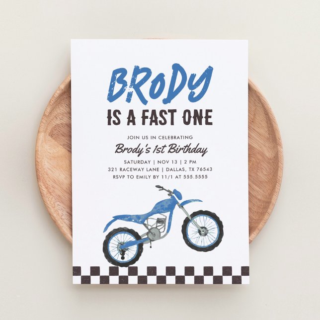 Fast One Blue Dirt Bike Boy 1st Birthday Invitation (Creator Uploaded)