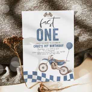 Fast One Blue Dirt Bike Boy 1st Birthday Party Invitation