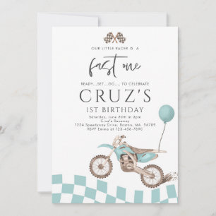 Fast One Blue Dirt Bike Boy 1st Birthday Party  Invitation