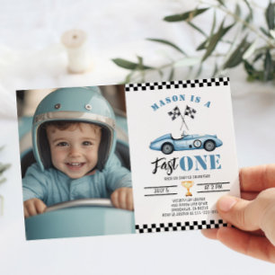 Fast One Blue Photo Race car Boy 1st Birthday Invitation