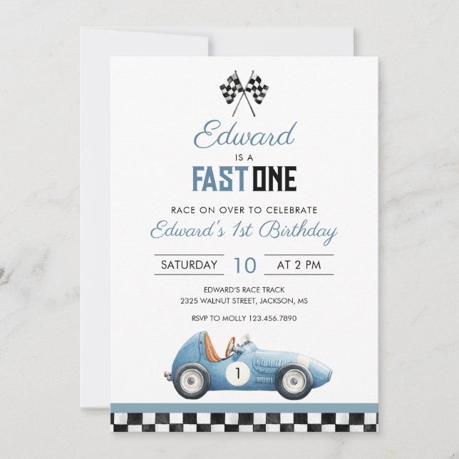 Fast One Blue Race Car 1st Birthday Invitation (Front)