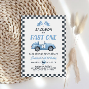 Fast One Blue Race Car 1st Birthday Invitation