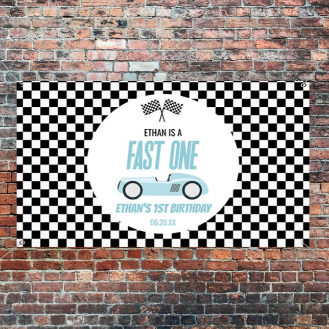 Fast One Blue Race Car 1st Birthday Party Banner (Creator Uploaded)