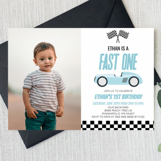 Fast One Blue Race Car 1st Birthday Party Invitation (Creator Uploaded)