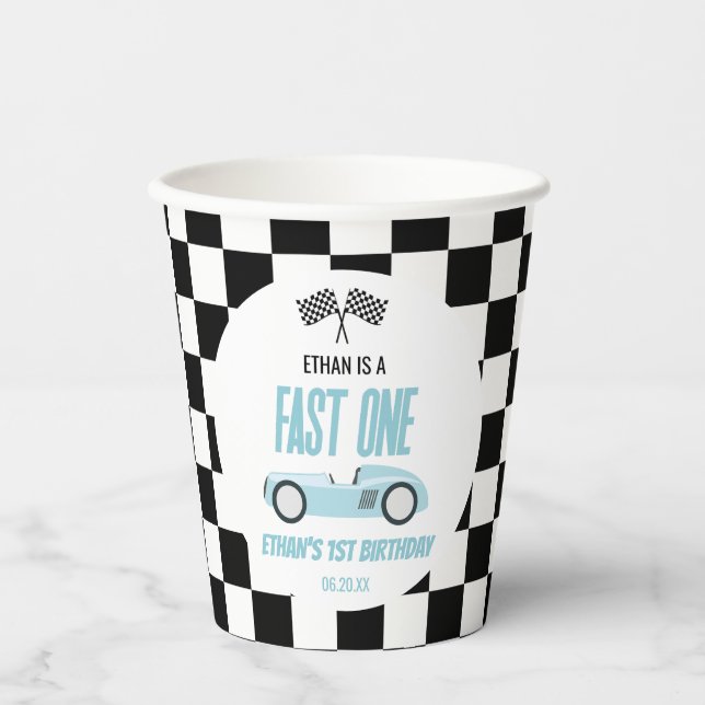 Fast One Blue Race Car 1st Birthday Party Paper Cups (Front)