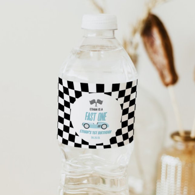 Fast One Blue Race Car 1st Birthday Party Water Bottle Label (Creator Uploaded)