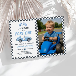 Fast One Blue Race Car 1st Birthday Photo Invitation