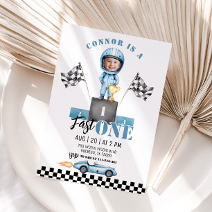 Fast One Blue race car 1st Photo Birthday Invitation